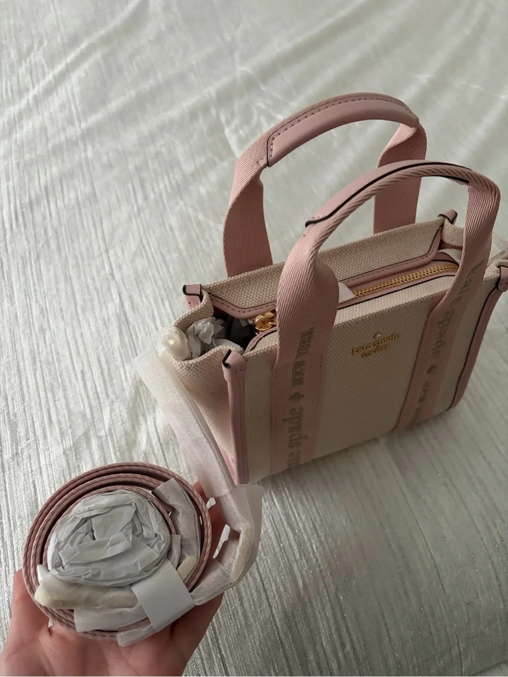 kate spade Pink and Cream Canvas Tote with Signature Webbed Straps